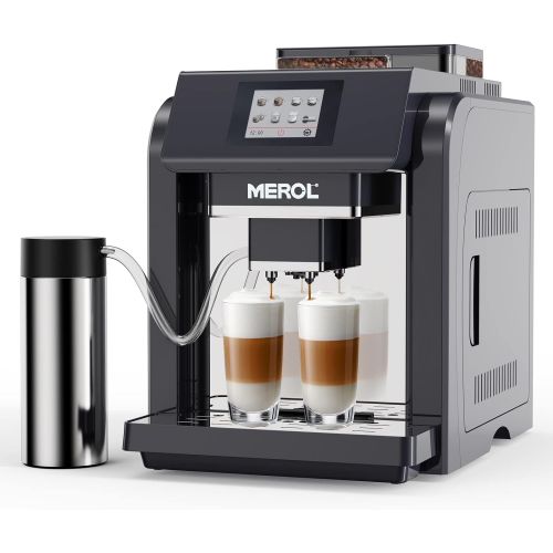  MEROL Automatic Espresso Coffee Machine, Programmable 19-Bar Pressure Pump Coffee Maker, Burr Grinder, with Milk Frother for Cafe Americano, Latte and Cappuccino Drinks, Black