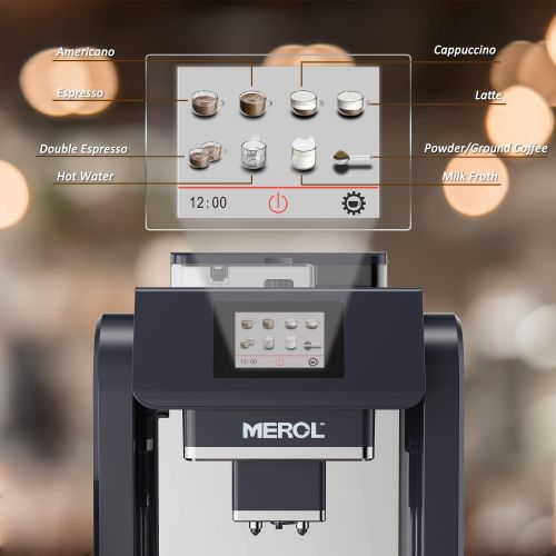  MEROL Automatic Espresso Coffee Machine, Programmable 19-Bar Pressure Pump Coffee Maker, Burr Grinder, with Milk Frother for Cafe Americano, Latte and Cappuccino Drinks, Black