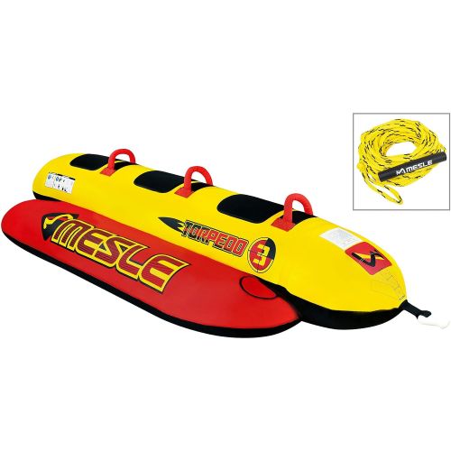  MESLE Skibob Package Torpedo 3, Set incl. Zugleine, 3 Personen Fun-Tube, Towable-Tube, rot gelb, incl. Reparaturset, aufblasbar, Bananen-Boot, Kinder & Erwachsene, 840 D Nylon, Spe