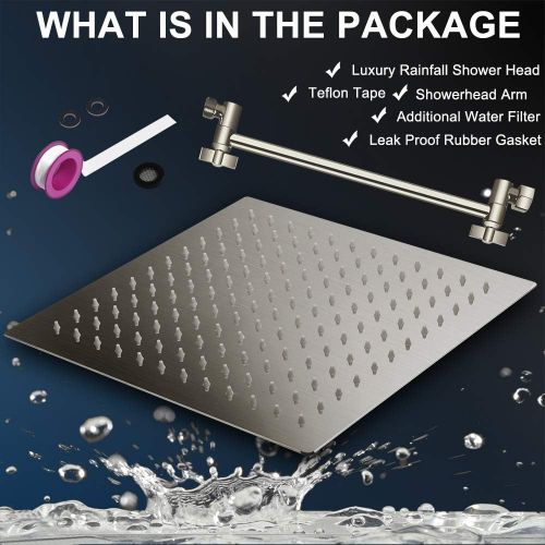  MESUN 12 Inch Square Rain Showerhead with 11 Inch Adjustable Extension Arm, Large Stainless Steel High Pressure Shower Head,Ultra Thin Rainfall Bath Shower with Easy to Clean and Install