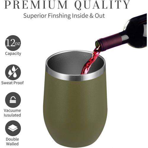  [아마존베스트]MEWAY 12oz Wine Tumbler with Lid,Double Wall Vacuum Stainless Steel Travel Mug,Stemless Wine Cup Glass Keeping Cold & Hot for Coffee,Cocktails,Drinks(Army Green,Set of 1)