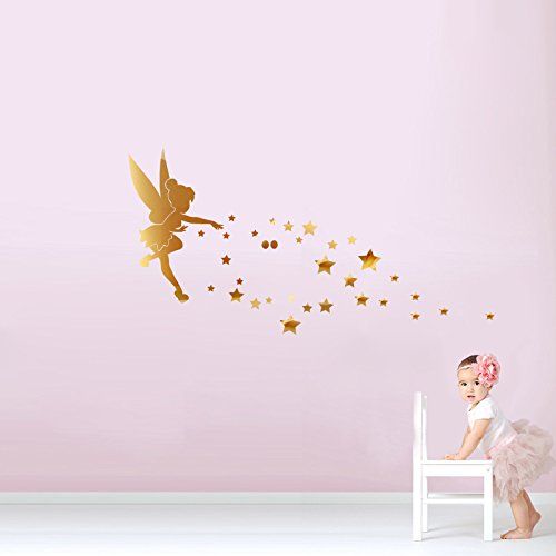  MEYA 26pcs/set Tinkerbell Fairy Wall Mirror Acrylic Mirrored Decorative Tinker bell Wall stickers Home Decoration (silver)