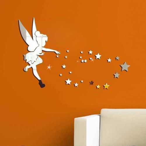  MEYA 26pcs/set Tinkerbell Fairy Wall Mirror Acrylic Mirrored Decorative Tinker bell Wall stickers Home Decoration (silver)