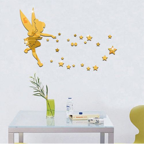  MEYA 26pcs/set Tinkerbell Fairy Wall Mirror Acrylic Mirrored Decorative Tinker bell Wall stickers Home Decoration (silver)