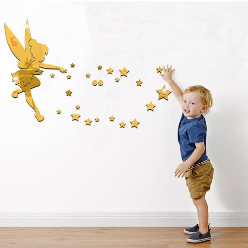  MEYA 26pcs/set Tinkerbell Fairy Wall Mirror Acrylic Mirrored Decorative Tinker bell Wall stickers Home Decoration (silver)