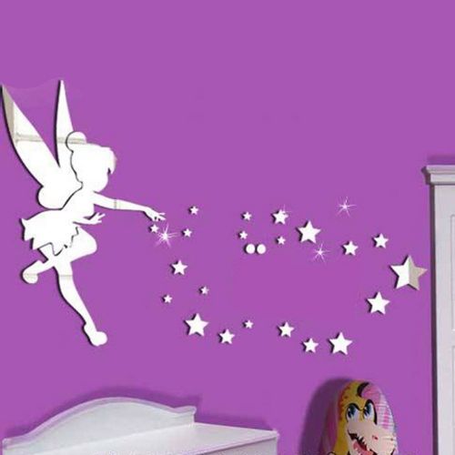  MEYA 26pcs/set Tinkerbell Fairy Wall Mirror Acrylic Mirrored Decorative Tinker bell Wall stickers Home Decoration (silver)