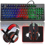 MFTEK RGB Rainbow Backlit Gaming Keyboard and Mouse Combo, LED PC Gaming Headset with Microphone, Large Mouse Pad, Small Compact 87 Keys USB Wired Mechanical Feeling Keyboard for C