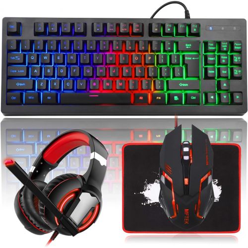  MFTEK RGB Rainbow Backlit Gaming Keyboard and Mouse Combo, LED PC Gaming Headset with Microphone, Large Mouse Pad, Small Compact 87 Keys USB Wired Mechanical Feeling Keyboard for C