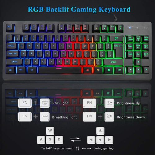  MFTEK RGB Rainbow Backlit Gaming Keyboard and Mouse Combo, LED PC Gaming Headset with Microphone, Large Mouse Pad, Small Compact 87 Keys USB Wired Mechanical Feeling Keyboard for C