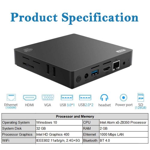  MFY Z83-V Fanless Mini PC Desktop, Supports Windows 10 Intel Atom x5-Z8350 Quad-Core, 1.44 GHz up to 1.92 GHz, 2GB RAM+32GB storage, WiFiBluetooth 4.0, Dual Output - VGA&HDMI