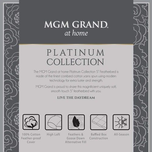  MGM GRAND Hotel FB-020-2F Platinum Collection 5 Hotel Pillow top Down & Feather Bed/Mattress Topper Filled Goose Down Alternative Fiber-100% Cotton Feather Proof, Baffle Box
