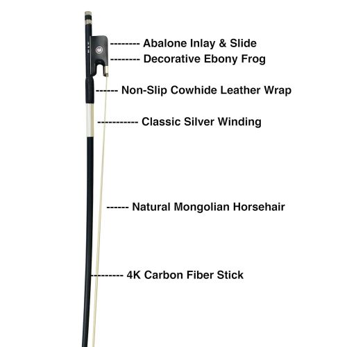  MI&VI Carbon Fiber Cello Bow w/Ebony Frog, Round Silver Mounted Nickel Stick (Cello 1/4)