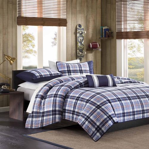  [아마존베스트]Mi-Zone Elliot Twin/Twin XL Size Teen Boys Quilt Bedding Set - Navy, Plaid  3 Piece Boys Bedding Quilt Coverlets  Peach Skin Fabric Bed Quilts Quilted Coverlet