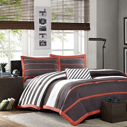  [아마존베스트]Mi-Zone Ashton Twin/Twin XL Kids Bedding Sets for Boys - Orange, Grey, Stripes  3 Pieces Boy Comforter Set  Ultra Soft Microfiber Kid Childrens Bedroom Comforters