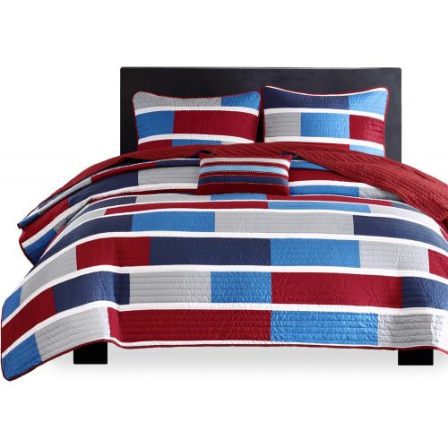  Mi-Zone Bradley FullQueen Size Teen Boys Quilt Bedding Set - Navy, Burgundy, Color Block  4 Piece Boys Bedding Quilt Coverlets  Ultra Soft Microfiber Bed Quilts Quilted Coverlet