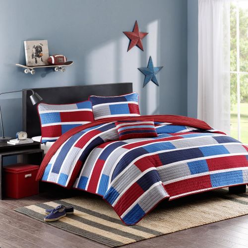  Mi-Zone Bradley FullQueen Size Teen Boys Quilt Bedding Set - Navy, Burgundy, Color Block  4 Piece Boys Bedding Quilt Coverlets  Ultra Soft Microfiber Bed Quilts Quilted Coverlet