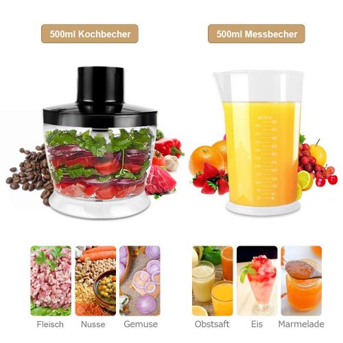  MIABOO Stabmixer, 600 Watt 4-in-1 Elektro-Multifunktions-Stabmixer Zubehoer-Set mit Schneebesen, 500 ml Zerhackerschale und 600 ml Behalter fuer Babynahrung, Shakes, Smoothies, Saucen, Supp