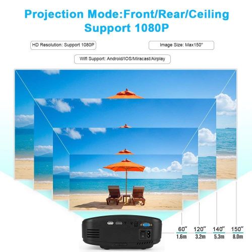  MIAO@LONG Mini Projector Wireless HD Movie Projector with HDMI USB Headphone Jack TV Suitable for Home Theater Game Entertainment