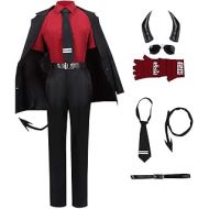 MIAOCOS Justice Cosplay Helltaker Awesome Demon Costume Black Blazer Uniform Halloween Outfit with Gift Glasses Tail Horns