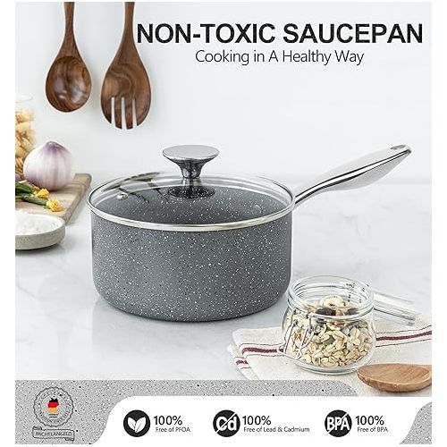  MICHELANGELO Sauce Pan with Lid, 1 Quart Saucepan with Lid Granite, Non Stick Sauce Pan with Stainless Steel Handle, 1 Qt Saucepan with Nonstick Coating, Grey