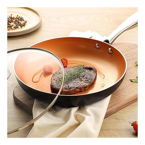  MICHELANGELO Frying Pan with Lid, Nonstick 8 Inch Frying Pan with Ceramic Titanium Coating, Copper Frying Pan with Lid, Small Frying Pan 8 Inch, Nonstick Frying Pans