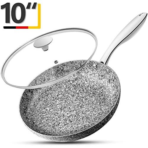  [아마존베스트]MICHELANGELO 10 Inch Frying Pan with Lid, Nonstick Stone Pan, 10 Inch Skillet with Lid, Granite Pans with Lid Induction Compatible - Grey