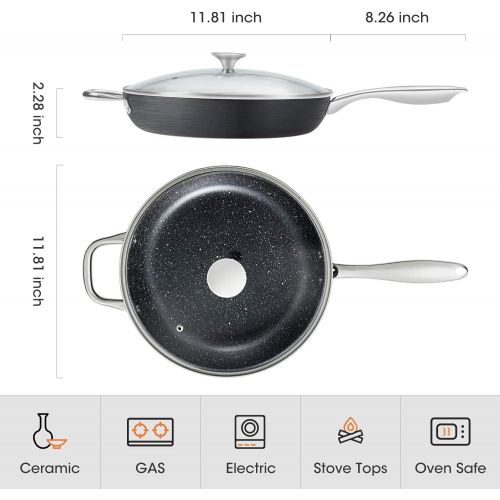  MICHELANGELO 12 Inch Frying Pan with Lid, Hard Anodized Frying Pan, Frying Pans Nonstick with Lids, 12 Inch Skillets with Lid, Large Frying Pan Nonstick with Helper Handle, Inducti