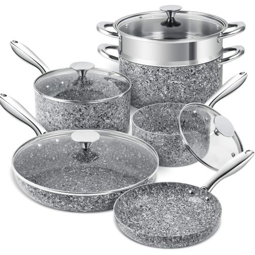  MICHELANGELO Stone Cookware Set 10 Piece, Ultra Nonstick Pots and Pans Set with Stone-Derived Coating, Kitchen Cookware Sets, Stone Pots and Pans Set, Granite Pots and Pans - 10 Pi