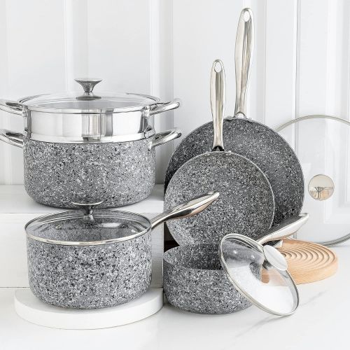  MICHELANGELO Stone Cookware Set 10 Piece, Ultra Nonstick Pots and Pans Set with Stone-Derived Coating, Kitchen Cookware Sets, Stone Pots and Pans Set, Granite Pots and Pans - 10 Pi