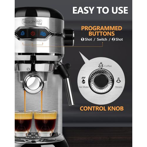  MICHELANGELO Espresso Machine, Stainless Steel Espresso Maker, Expresso Coffee Machine with Milk Frother, Small Coffee Maker for Home, 15 Bar Espresso Machine - Cappuccino, Latte