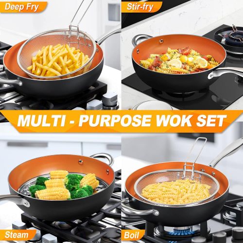  MICHELANGELO 5 Quart Nonstick Woks and Stir Fry Pans With Lid, Frying Basket & Steam Rack, Nonstick Copper Wok Pan With Lid, Ceramic Wok With Lid, Nonstick Frying Wok Flat Bottom,