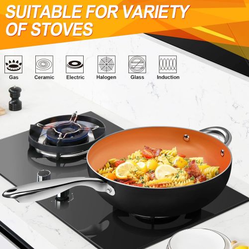  MICHELANGELO 5 Quart Nonstick Woks and Stir Fry Pans With Lid, Frying Basket & Steam Rack, Nonstick Copper Wok Pan With Lid, Ceramic Wok With Lid, Nonstick Frying Wok Flat Bottom,