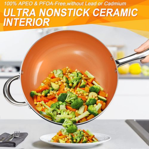  MICHELANGELO 5 Quart Nonstick Woks and Stir Fry Pans With Lid, Frying Basket & Steam Rack, Nonstick Copper Wok Pan With Lid, Ceramic Wok With Lid, Nonstick Frying Wok Flat Bottom,