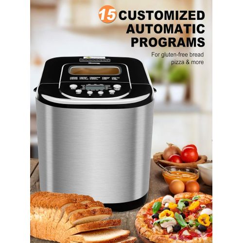  MICHELANGELO Stainless Steel Bread Machine Maker，2.2LB 15-in-1 Automatic Bread Maker Gluten Free, Nonstick Pan and 1 Hour Keep Warm Set, 3 Loaf Sizes, 3 Crust Colors, Recipes Inclu