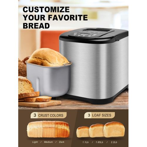  MICHELANGELO Stainless Steel Bread Machine Maker，2.2LB 15-in-1 Automatic Bread Maker Gluten Free, Nonstick Pan and 1 Hour Keep Warm Set, 3 Loaf Sizes, 3 Crust Colors, Recipes Inclu