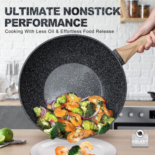  MICHELANGELO Nonstick Wok and Stir Fry Pans with Lid, 5 Quart Nonstick Wok Pan with Lid, Flat Bottom Wok, Nonstick Wok set with Wok Accessories , Frying Basket & Steam Rack, Wok for Induction C