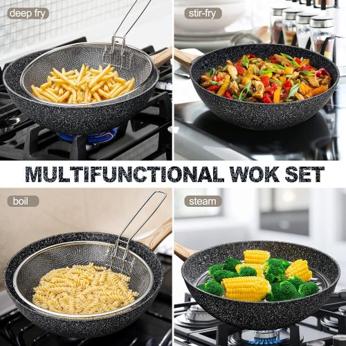  MICHELANGELO Nonstick Wok and Stir Fry Pans with Lid, 5 Quart Nonstick Wok Pan with Lid, Flat Bottom Wok, Nonstick Wok set with Wok Accessories , Frying Basket & Steam Rack, Wok for Induction C