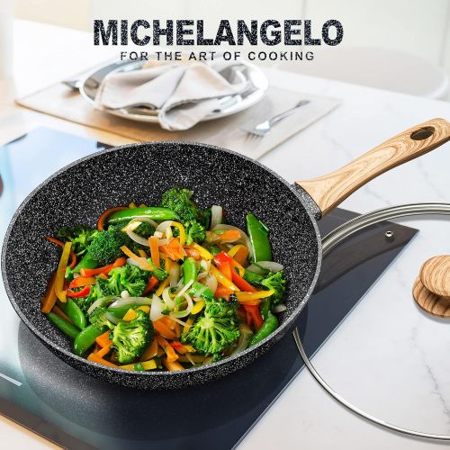  MICHELANGELO Nonstick Wok and Stir Fry Pans with Lid, 5 Quart Nonstick Wok Pan with Lid, Flat Bottom Wok, Nonstick Wok set with Wok Accessories , Frying Basket & Steam Rack, Wok for Induction C