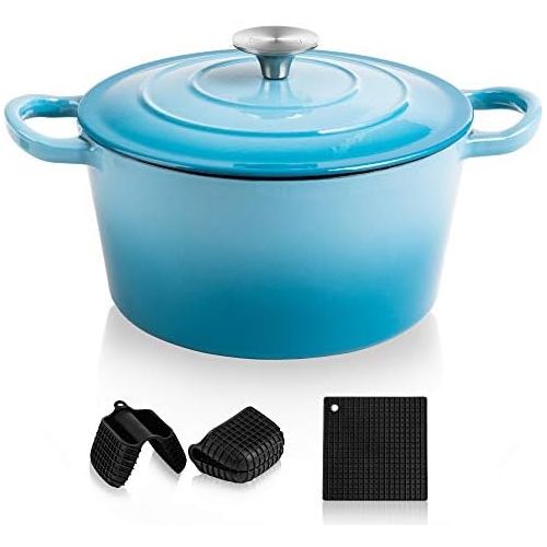  MICHELANGELO Dutch Oven, Enamel Cast Iron Dutch Oven With Lid, 4Qt Cast Iron Dutch Oven Pot, Enameled Dutch Oven 4 Quart With Silicone Handles & Mat, Blue