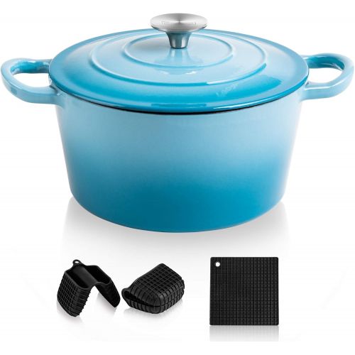  MICHELANGELO Dutch Oven, Enamel Cast Iron Dutch Oven With Lid, 4Qt Cast Iron Dutch Oven Pot, Enameled Dutch Oven 4 Quart With Silicone Handles & Mat, Blue