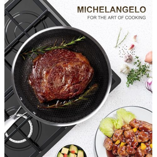  MICHELANGELO Stainless Steel Frying Pan with Lid, Triply Stainless Steel 8 Inch Frying Pan with Nonstick Honeycomb Coating, Small Frying Pan, Steel Fry Pan with Lid, Induction Comp