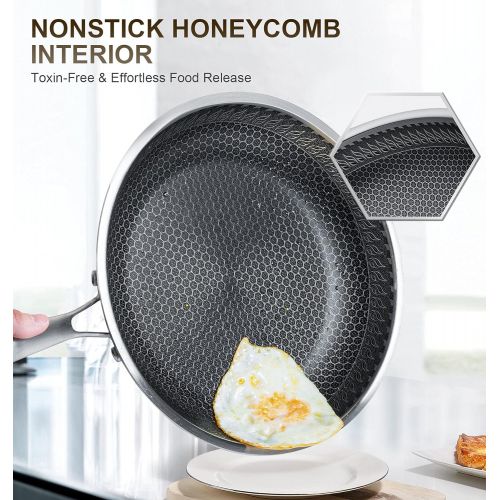  MICHELANGELO Stainless Steel Frying Pan with Lid, Triply Stainless Steel 8 Inch Frying Pan with Nonstick Honeycomb Coating, Small Frying Pan, Steel Fry Pan with Lid, Induction Comp