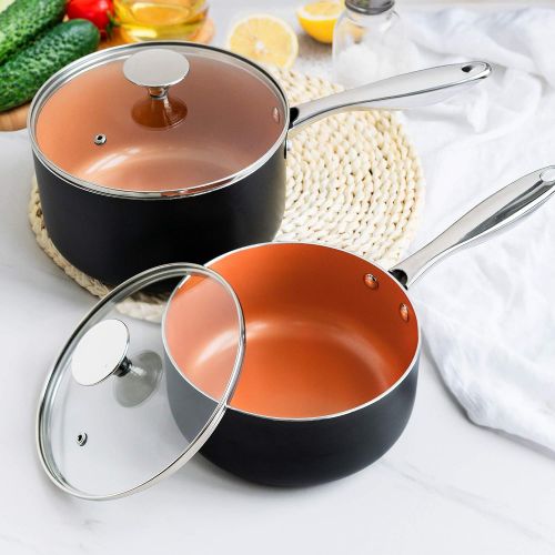  MICHELANGELO Saucepan Set with Lid, Nonstick 1Qt & 2Qt Copper Sauce Pan Set with Lid, Small Pot with Lid, Ceramic Nonstick Saucepan Set, Small Sauce Pots, Copper Pot Set - 1Qt & 2Q