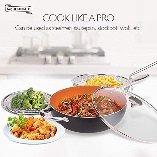  MICHELANGELO 5 Quart Nonstick Wok + 4-Piece Silicone Spatula Turner Set , Nonstick Copper Wok with Titanium Ceramic Interior, Nonstick Wok with Lid, Copper Wok Nonstick