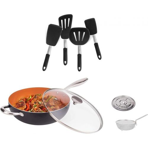  MICHELANGELO 5 Quart Nonstick Wok + 4-Piece Silicone Spatula Turner Set , Nonstick Copper Wok with Titanium Ceramic Interior, Nonstick Wok with Lid, Copper Wok Nonstick