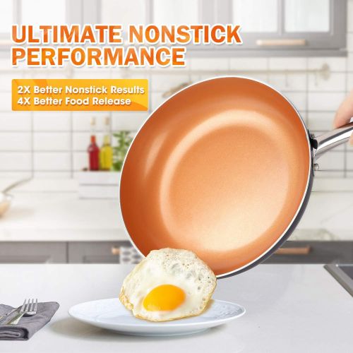  MICHELANGELO Copper Frying Pan Set with Lid, 8 & 10 Frying Pan Set, Nonstick Frying Pan Set, Copper Pans with Lid, Nonstick Skillets with Lid, Ceramic Fry Pan with Lid, 8 & 10