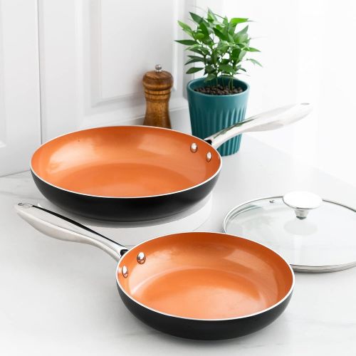  MICHELANGELO Copper Frying Pan Set with Lid, 8 & 10 Frying Pan Set, Nonstick Frying Pan Set, Copper Pans with Lid, Nonstick Skillets with Lid, Ceramic Fry Pan with Lid, 8 & 10