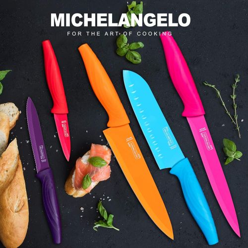  MICHELANGELO Kitchen Knife Set 10 Piece, High Carbon Stainless Steel Kitchen Knives Set, Knife Set for kitchen, Rainbow Knife Set, Colorful Knife Set- 5 Knives & 5 Knife Sheath Cov