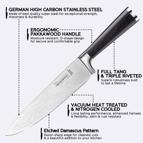  MICHELANGELO Professional Chef Knife 8 Inch Pro, German High Carbon Stainless Steel Knife with Ergonomic Handle, Japanese Knife, Chef Knife for Kitchen - 8 Inch, Etched Damascus Pa