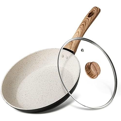  [아마존베스트]MICHELANGELO Small Frying Pan with Lid, Stone Nonstick Frying Pan with Bakelite Handle, Stone-Derived Non-Stick 8 Inch Frying Pan, White Stone Nonstick Frying Pan with Lid - 8 Inch